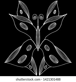 Abstract vector illustration of hand drawn butterfly isolated on black background. Ink drawing, graphic style. Outline butterfly icon.