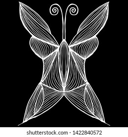 Abstract vector illustration of hand drawn butterfly isolated on black background. Ink drawing, graphic style. Outline butterfly.