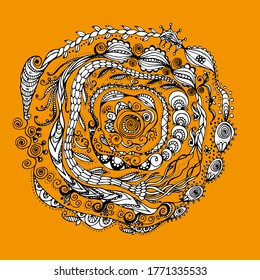 Abstract vector illustration with hand drawn zentangle circle. Elements isolated on orange background. 
