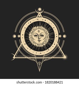 Resumen de ilustración vectorial con sol dibujado a mano. Grabación vintage de la huella de boho con el símbolo Space