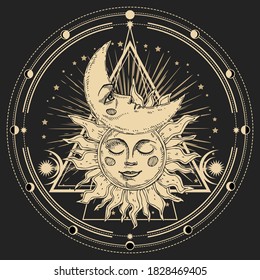 Abstract vector illustration with hand drawn sun. Vintage engraving boho print with Space symbol