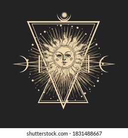 Resumen de ilustración vectorial con sol dibujado a mano. Grabación vintage de la huella de boho con el símbolo Space