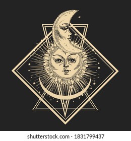Abstract vector illustration with hand drawn sun and moon. Vintage engraving boho print with Space symbol