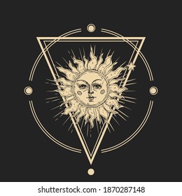 Abstract vector illustration with hand drawn sun. Vintage engraving boho print with Space symbol