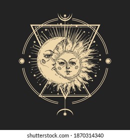 Abstract vector illustration with hand drawn sun and moon. Vintage engraving boho print with Space symbol