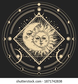 Abstract vector illustration with hand drawn sun and moon. Vintage engraving boho print with Space symbol