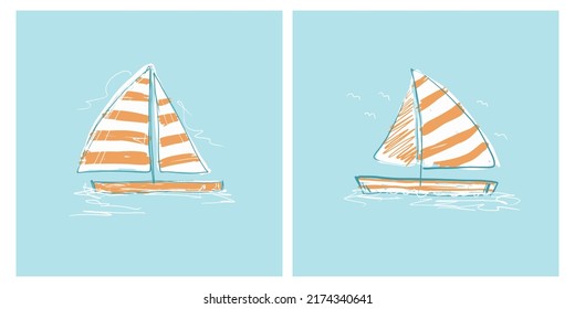 Abstract Vector Illustration with Hand Sketched Sailboats. Boats with White-Orange Striped Sails on a Light Blue Background. Sea Theme ideal for Wall Art, Poster, Card, Marine Party Decoration.