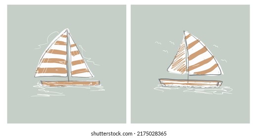 Abstract Vector Illustration with Hand Sketched Sailboats. Boats with White-Gold Striped Sails on a Light Warm Gray Background. Sea Theme ideal for Wall Art, Poster, Card, Marine Party Decoration.