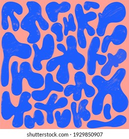 Abstract vector illustration. Hand-drawn. Blue shapes on a pink background.
