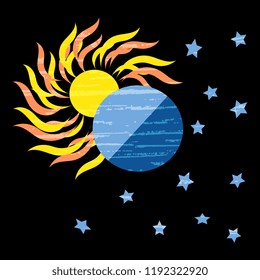 Abstract vector illustration of a handmade, artistic with a blue planet Earth, a star, the sun is yellow-red, on a black background. Gentle illustration, with old vintage texture. Cute postcard templa