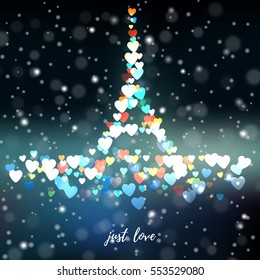 Abstract vector illustration. Hearts in the form of the Eiffel Tower. Blurred lights on dark background. Bokeh effect. Valentine's Day or wedding. Inscription Just love.