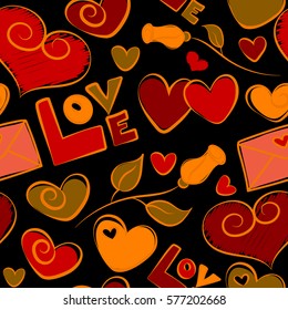 Abstract Vector illustration. Vector hearts love Handmade Paper in orange, red and brown colors. Valentine day seamless pattern on a black background.