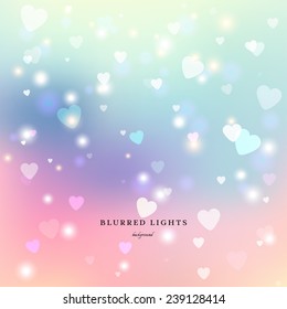 Abstract vector illustration. Hearts and stars on multicolored blurred background. Valentine's Day or wedding.