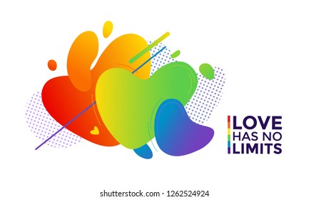 An abstract vector illustration with heart-shaped figures and an inscription “Love has no limits” made in rainbow colors.