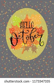 Abstract vector Illustration Hello Autumn on background with colorful falling leaves. Lucky template for your advertising and special offers.