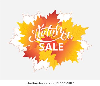 Abstract vector Illustration Hello Autumn on background with colorful falling leaves. Lucky template for your advertising and special offers.