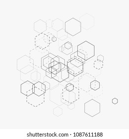 Abstract vector illustration with hexagons and lines on white background. Hexagon infographic. Digital technology, science or medical concept. Hexagonal geometric vector background