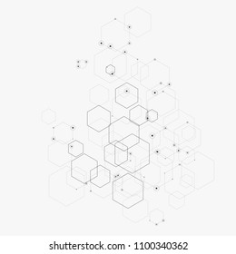 Abstract vector illustration with hexagons, lines and dots on white background. Hexagon infographic. Digital technology, science or medical concept. Hexagonal geometric vector background