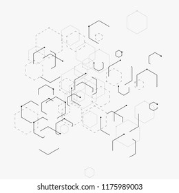 Abstract vector illustration with hexagons, lines and dots on white background. Hexagon infographic. Digital technology, science or medical concept. Hexagonal geometric vector background