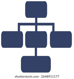 Ilustración vectorial Abstractas de una estructura jerárquica representada por rectángulos redondeados interconectados en una paleta de color azul oscuro, adecuada para organigramas o diagramas de red.
