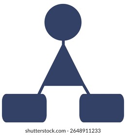 Ilustração vetorial abstrata de uma estrutura hierárquica representada por um círculo no topo de um triângulo, ligado a dois retângulos arredondados abaixo, simbolizando um organograma simples ou decisi...