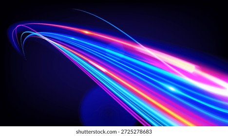 Abstrakte Vektorgrafik von Neonlichtspuren mit hoher Geschwindigkeit. Das Design zeichnet sich durch dynamisch gekrümmte Linien in blauen und rosa Farbverläufen aus, die Lichtwellenleitern, Laserstrahlen oder Fotografien mit langer Belichtung ähneln. Ideal für Technik und Cyberpunk-Hintergründe.