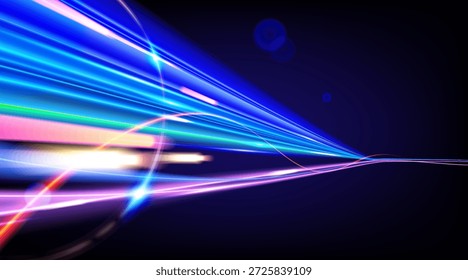 Ilustración vectorial Abstractas de senderos de luz de neón de alta velocidad. Líneas brillantes dinámicas en Gradientes azules, rosados y naranjas sobre fondo negro. Ideal para tecnología futurista, red 5G y conceptos cyberpunk.