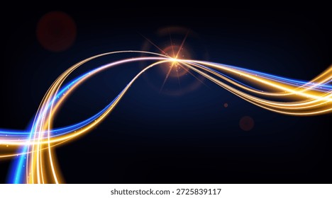 Ilustración vectorial Abstractas de senderos de luz de neón de alta velocidad. Líneas brillantes dinámicas en Gradientes azules, rosados y naranjas sobre fondo negro. Ideal para tecnología futurista, red 5G y conceptos cyberpunk.