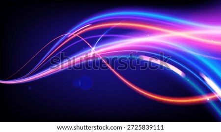 Abstract vector illustration of high-speed neon light trails. Dynamic glowing lines in blue, pink and orange gradients on black background. Ideal for futuristic technology, 5G network, and cyberpunk concepts.