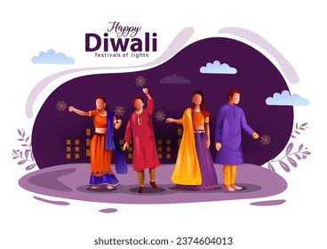 abstract vector illustration of Hindu people celebrating on Happy Diwali Indian holiday background.