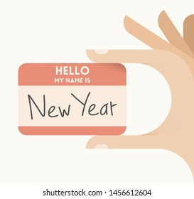 Abstract vector illustration of human hand holding personal card with text Hello my name is New Year. Conceps: New year eve celebration surprise, Santa Claus, Christmas holidays etc.