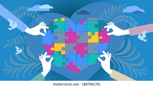 Abstract vector illustration. Human hands of caring people, stretching out puzzle pieces to join them into one big heart. The concept of social support, charity, volunteering.