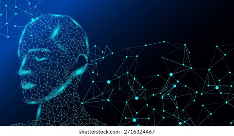 Abstract vector illustration of a human head formed by a plexus network. Concept for artificial intelligence, machine learning, digital consciousness, and technology.