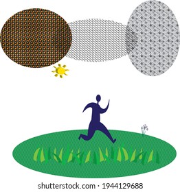 Abstract vector illustration, human silhouette running on the grass and under the sun.