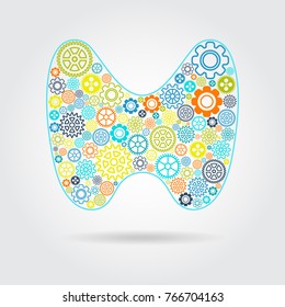 Abstract Vector Illustration Of Human Thyroid On Blue Background. Gears Art Logo of Endocrinology. Vector Logotype Illustration EPS. Creative Medical Concept