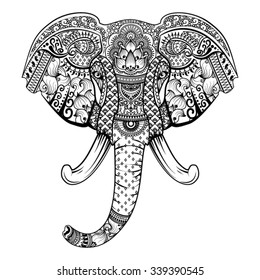 Abstract vector illustration of Indian elephant made with ethnic pattern. 