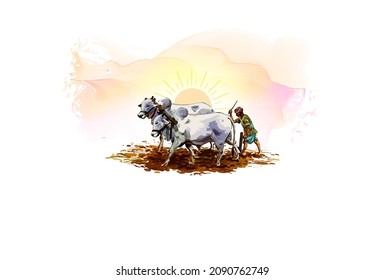 Abstract Vector illustration of Indian farmer working in field and organic farming