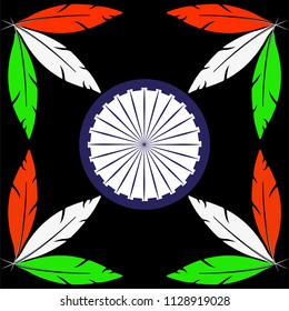 Abstract vector illustration of Indian tricolor flag using orange, white and green feathers on the corners and the wheel in the middle, on a black background