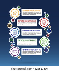 Abstract vector Illustration of infographic design with gear and icons. Social media and global concepts. Communication infographics template.