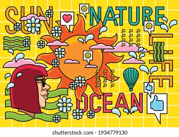 Abstract vector illustration inspired by the sun, nature and life, composed of very colorful and diverse symbols such as positive words, flowers, clouds, water drops, the sun, a female head, etc