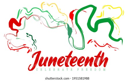 An abstract vector illustration of Juneteenth typography with a splash of abstract line designs with Celebrate Freedom on an isolated white background