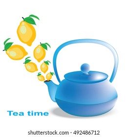 Abstract vector illustration of kettle on white background. Tea time. Lemon tea.