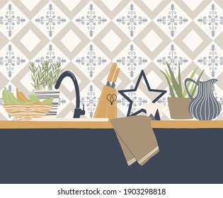 Abstract vector illustration of kitchen table and kitchenware. Geometric tiles on the wall