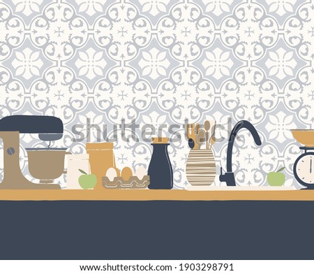Abstract vector illustration of kitchen table and kitchenware. Geometric tiles on the wall
