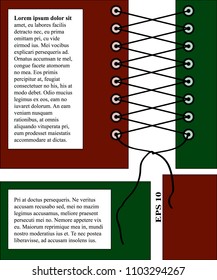 Abstract vector illustration with lacing, red and green squares for poster, flyer, banner, cover, booklet, blank, card, broshure.