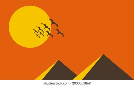 abstract vector illustration of landscape background, sunrise, sunset, birds flying, and beautiful mountains, simple flat style