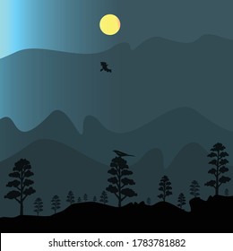Abstract vector illustration of landscape, minimalist style, abstract image of sunset or dawn of the sun above mountains, birds, plants.