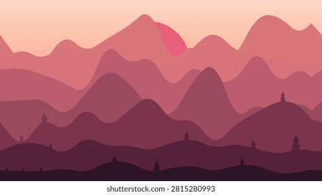 Abstract vector illustration of layered mountain ranges with rolling hills, pine trees, and a warm sunset sky in soft pink and burgundy tones. Minimalist nature landscape background suitable for wallpapers, banners, posters, websites, presentations, and creative design projects.