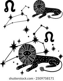 Abstract vector illustration of Leo Zodiac constellation. Contemporary art. Lion. Character, stars constellation and symbols.