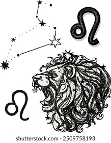 Abstract vector illustration of Leo Zodiac constellation. Contemporary art. Lion. Character, stars constellation and symbols.